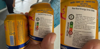 Close-up of imported Red Bull Energy Drink 250ml cans and label