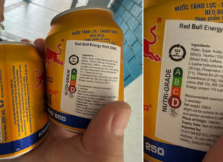 Close-up of imported Red Bull Energy Drink 250ml cans and label