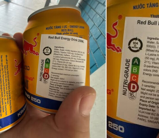 Some Imported Red Bull Cans Cannot Get Machine Deposit Refunds; Importer to Handle Refunds Manually Close-up of imported Red Bull Energy Drink 250ml cans and label