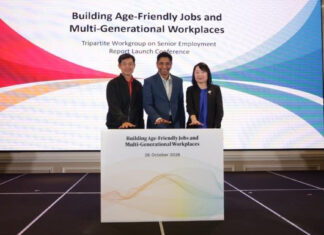 Three co-chairs launching the Tripartite Workgroup on Senior Employment report at Orchard Hotel