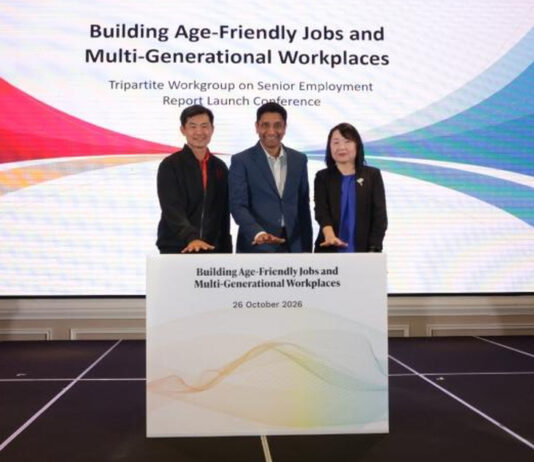 Three co-chairs launching the Tripartite Workgroup on Senior Employment report at Orchard Hotel