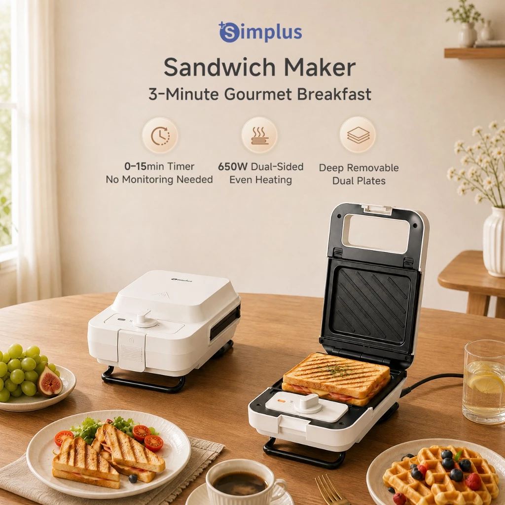Simplus SMZJ007 Sandwich Maker with Interchangeable Plates and Timer