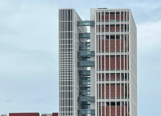 Modern State Courts Towers building under a pale sky