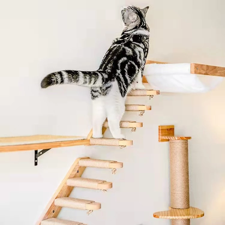 Wall-Mounted Solid Wood and Sisal Cat Climbing Scratch Ladder