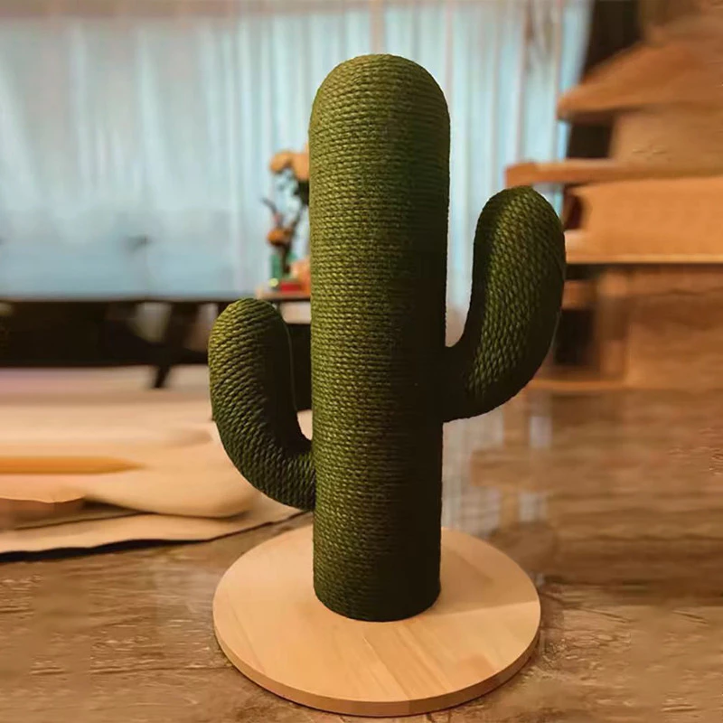 Solid-Wood Base Green Cactus Sisal Cat Scratching Post Tower