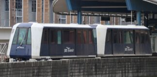 Sengkang LRT Crystal Mover train at Cheng Lim station on the West Inner Loop