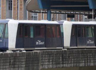 Sengkang LRT Crystal Mover train at Cheng Lim station on the West Inner Loop