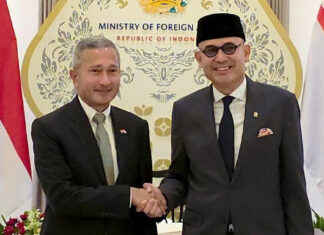 Singapore and Indonesian foreign ministers shaking hands in Jakarta