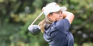 Shannon Tan in action at the Asian Games golf event (Lianhe Zaobao / 邝启聪)