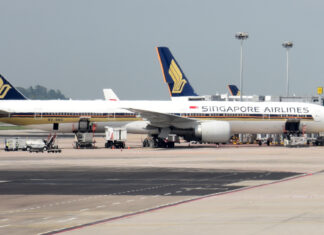 Two Singapore Airlines Boeing 777 aircraft parked at Changi Airport