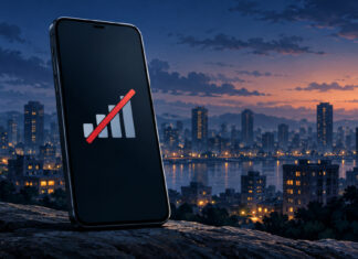 Singtel Fined S$1 Million Over March Outages That Affected About 720,000 Subscribers Smartphone showing a no-signal icon in front of a city skyline at dusk