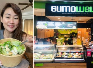 Late Sumo Salad owner Jane Lee holding a salad bowl, and a Sumo Well salad shop counter