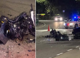 Tampines Crash Driver & Passenger Arrested; Driver to Face Nine Charges Wrecked motorcycle and police car at Tampines crash scene at night