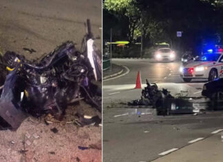 Wrecked motorcycle and police car at Tampines Avenue 12 crash scene