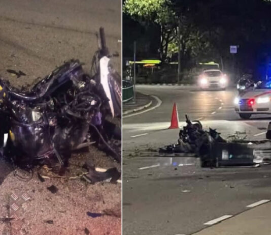 Motorcyclist & Pillion Rider, Both 24, Die in Tampines Crash; Police Search for Car Occupants Wrecked motorcycle and police car at Tampines Avenue 12 crash scene