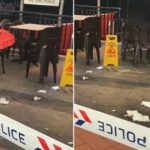 73-Year-Old Man Dies, Another Injured in Telok Blangah Heights Incident; 32-Year-Old Man Arrested Police tape cordoning off the ground-floor coffee shop near Block 61 Telok Blangah Heights, with empty tables and tissues on the floor (Photo: TikTok/itsmarvin via Lianhe Zaobao)