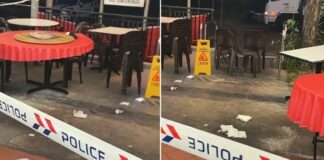 Police tape cordoning off the ground-floor coffee shop near Block 61 Telok Blangah Heights, with empty tables and tissues on the floor (Photo: TikTok/itsmarvin via Lianhe Zaobao)