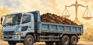 Illustration of a tipper lorry loaded with compost beside scales of justice