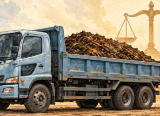 Illustration of a tipper lorry loaded with compost beside scales of justice