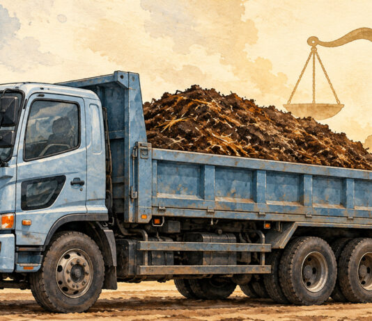 Man Jailed 5 Days After Offering S$50 Per Lorry-Load to Dump Chicken Compost in Tuas Illustration of a tipper lorry loaded with compost beside scales of justice