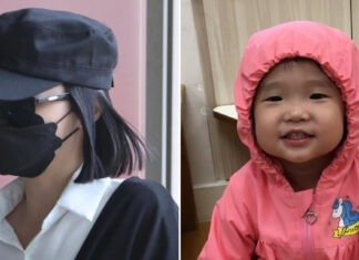 Masked woman in a cap and a smiling toddler in a pink hooded jacket, side by side